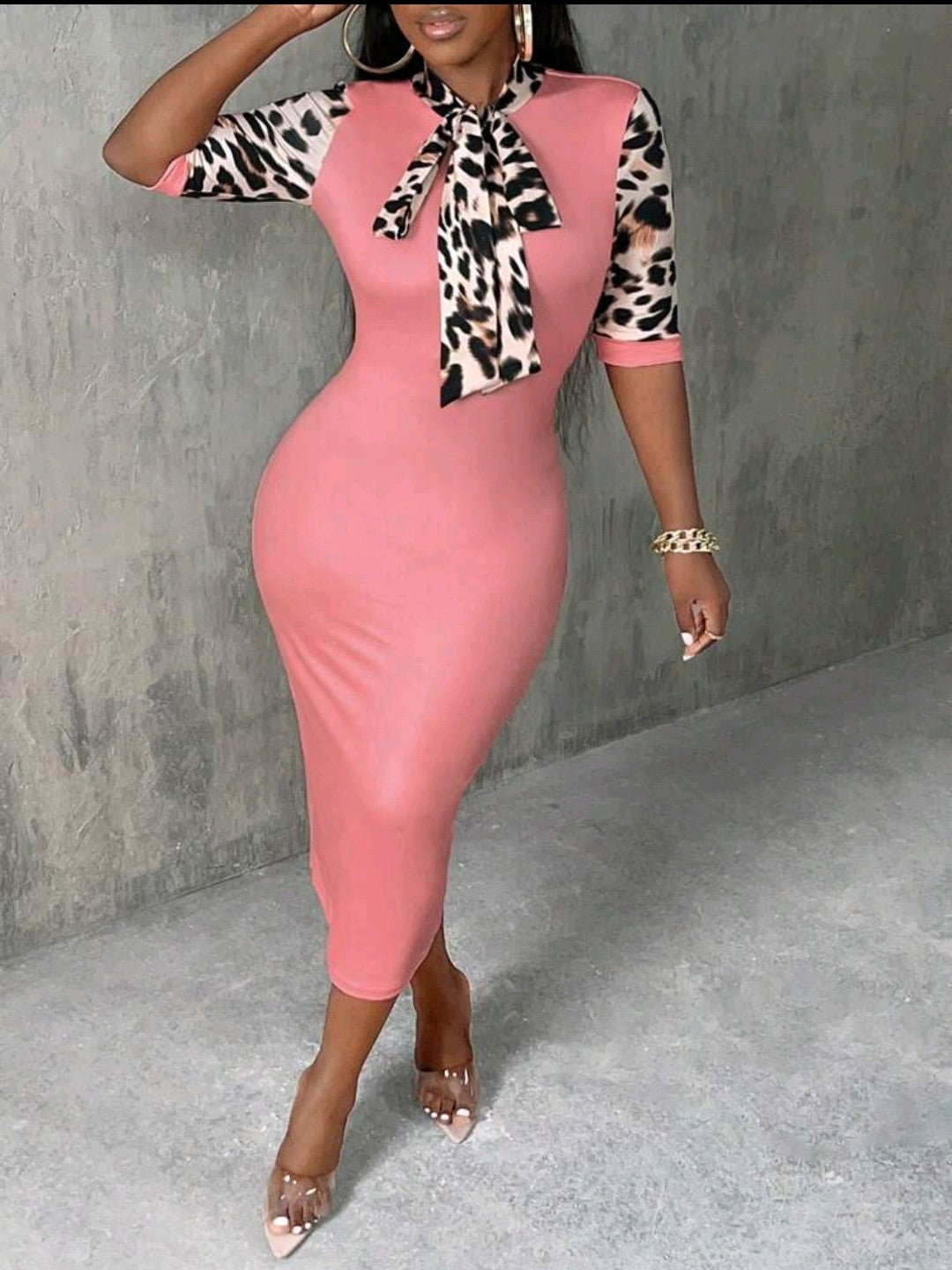 CLASSY BUT SASSY LEOPARD PRINT TIE NECK BODYCON DRESS
