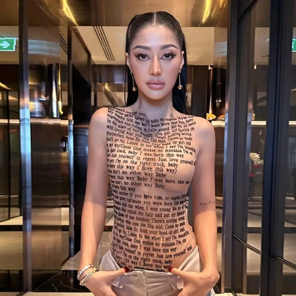 OPEN BOOK SEXY LETTER PRINT MESH TOP