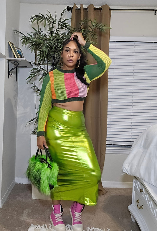 GREEN METALLIC HIGH-WAIST SKIRT