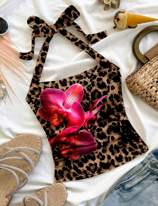 FLORAL LEOPARD PRINT HALTER